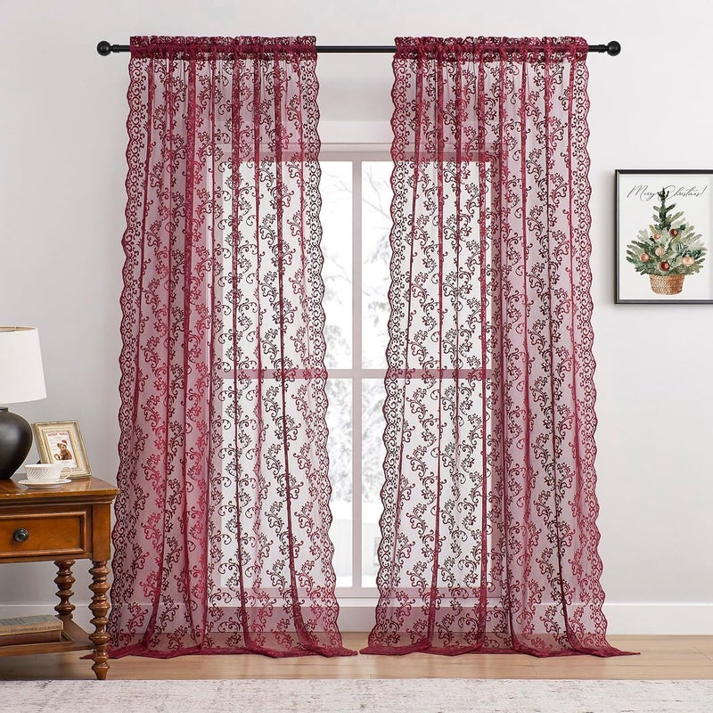 FOLKSIDE Burgundy Lace Curtains 72 Inch Length 2 Panels - Modern Wine Drapes for Bedroom Living Room, Rod Pocket Light Filtering Romantic Maroon French Floral Rose Decor, 52x72 - Image 2